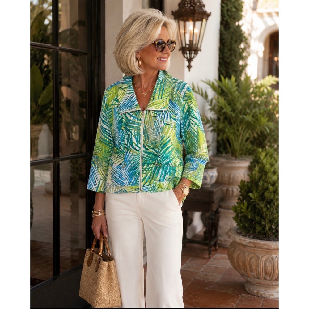 Ruby Rd Tropical Palm Leaf Zip Front Linen Blend Jacket Green Blue Size 18